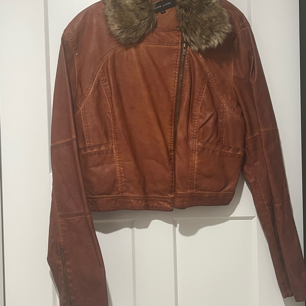 Women's Brown Leather Jacket with Faux Fur Collar